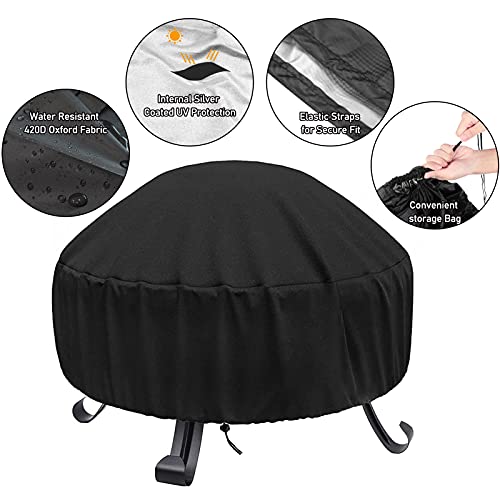 JCOLUSHI Fire Pit Cover Round, Fire Pit Covers for 22 inch -34 inch Fire Pit, 600D Silver Coated Polyester Oxford Fabrics, Waterproof Firepit Covers Round, Dustproof and Anti UV, Black