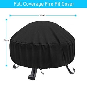 JCOLUSHI Fire Pit Cover Round, Fire Pit Covers for 22 inch -34 inch Fire Pit, 600D Silver Coated Polyester Oxford Fabrics, Waterproof Firepit Covers Round, Dustproof and Anti UV, Black