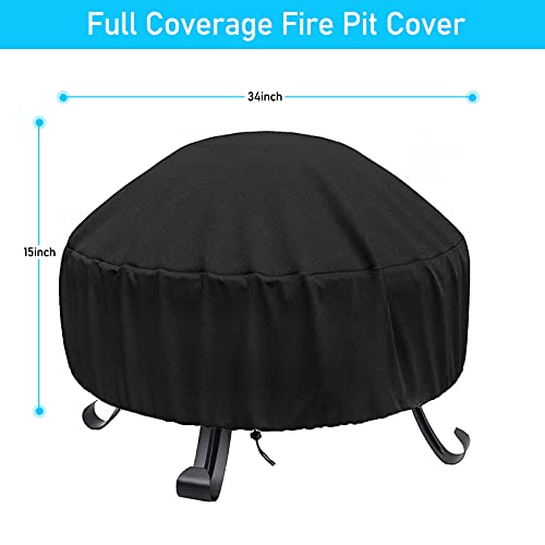 JCOLUSHI Fire Pit Cover Round, Fire Pit Covers for 22 inch -34 inch Fire Pit, 600D Silver Coated Polyester Oxford Fabrics, Waterproof Firepit Covers Round, Dustproof and Anti UV, Black