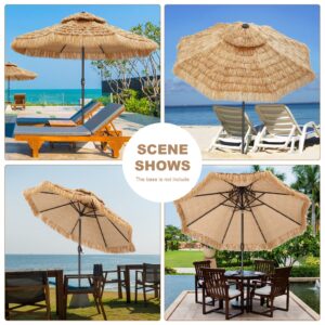 Saemoza 9ft Thatched Patio Tiki Umbrella with Tilt, 32 built-in LED lights 2 Tier Hawaiian Style Beach Patio Umbrella (NO Base)