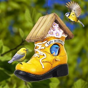 hanging yellow shoe bird house for outside, unique birdhouses outdoor for home garden decor, resin handicrafts, easy to install and clean, great birdhouse gift, same young set