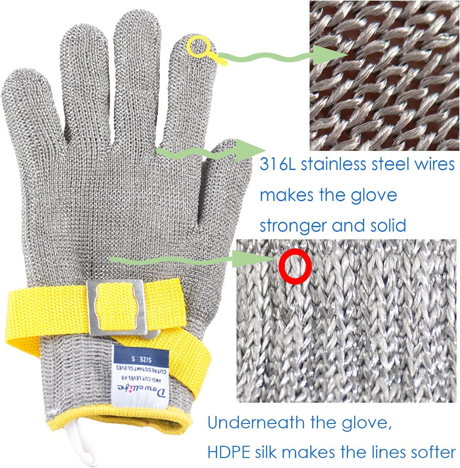 Dowellife Level 9 Cut Resistant Glove Food Grade, Stainless Steel Mesh Metal Glove Knife Cutting Glove for Butcher Meat Cutting Oyster Shucking Kitchen Mandoline Chef Slicing Fish Fillet (Medium)