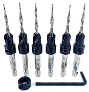 ftg usa countersink drill bit set 6 pc #6 (9/64") parabolic flute wood countersink drill bit, pro pack countersink bit, tapered drill bits for countersink with 1 depth stop collar and 1 hex wrench