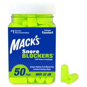 mack’s snore blockers soft foam earplugs, 50 pair – 32 db high nrr, 37 db snr – comfortable ear plugs for sleeping, snoring, loud noise and travel