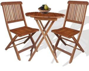btexpert bc5177 backyard balcony deck furniture 3 piece round coffee folding table 2 chairs patio wood bistro set, acacia brown