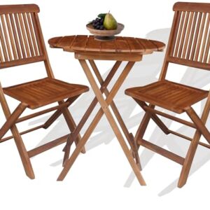BTEXPERT BC5177 Backyard Balcony Deck Furniture 3 Piece Round Coffee Folding Table 2 Chairs Patio Wood Bistro Set, Acacia Brown
