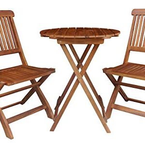 BTEXPERT BC5177 Backyard Balcony Deck Furniture 3 Piece Round Coffee Folding Table 2 Chairs Patio Wood Bistro Set, Acacia Brown