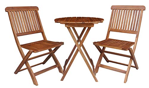 BTEXPERT BC5177 Backyard Balcony Deck Furniture 3 Piece Round Coffee Folding Table 2 Chairs Patio Wood Bistro Set, Acacia Brown