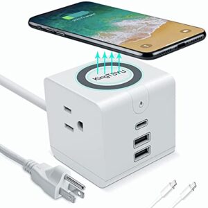 power strip with usb c ports, kingtsyu travel surge protector tower extension cord with 2usb a/2ac outlets/phone wireless charger, pd 45w fast charging power deliveryfor laptop macbook pro,dorm/office
