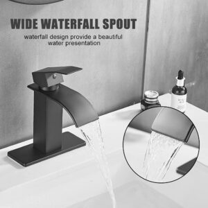 Ryuwanku Bathroom Faucet Matte Black Modern Waterfall Bathroom Sink Faucet with Single Handle Suitable for 1 or 3 Holes,Supply Deck Plate and Hose