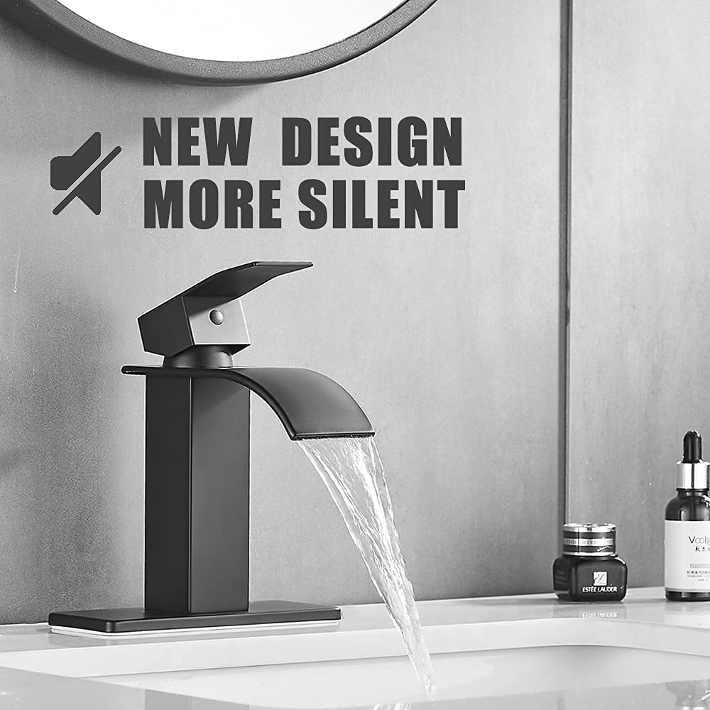 Ryuwanku Bathroom Faucet Matte Black Modern Waterfall Bathroom Sink Faucet with Single Handle Suitable for 1 or 3 Holes,Supply Deck Plate and Hose