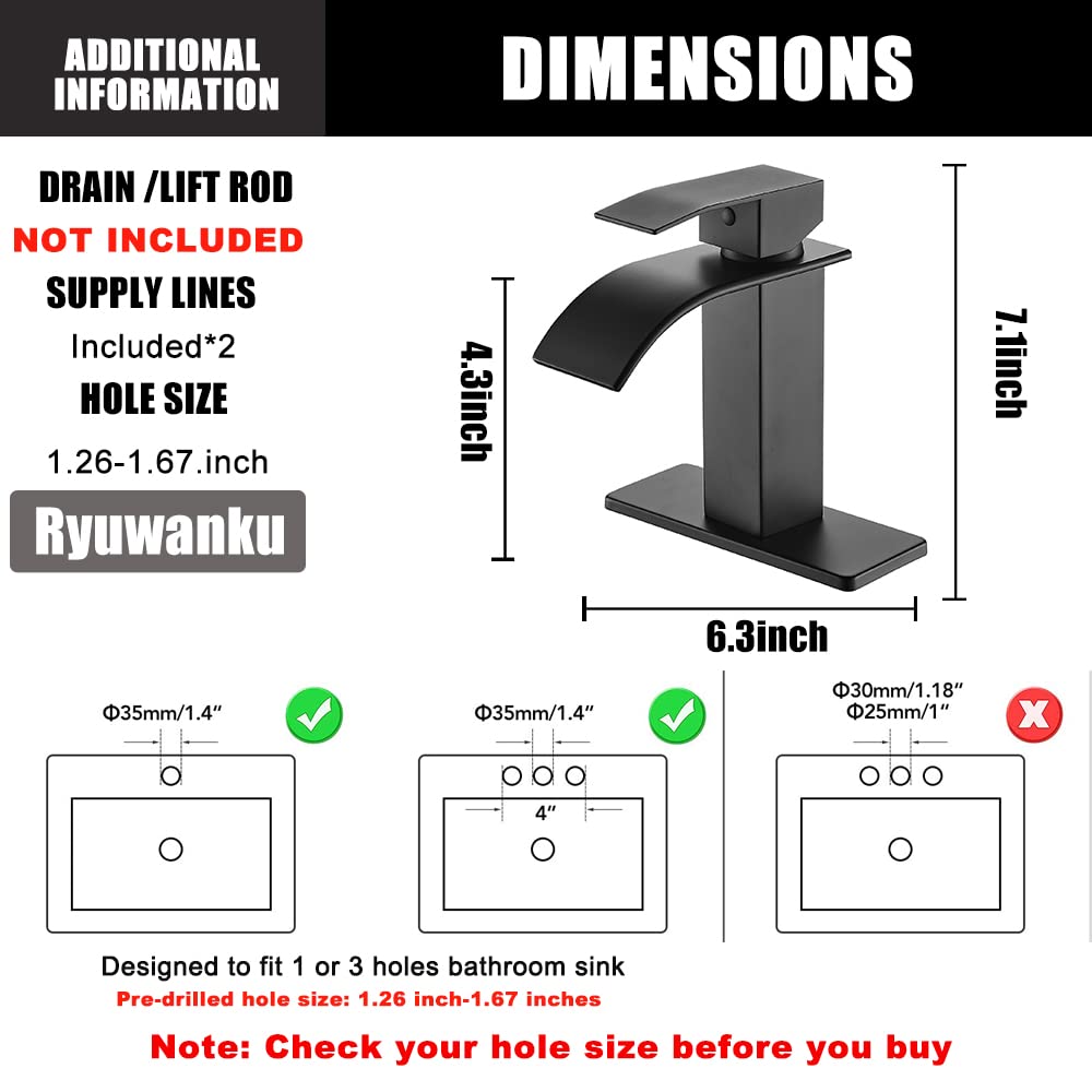 Ryuwanku Bathroom Faucet Matte Black Modern Waterfall Bathroom Sink Faucet with Single Handle Suitable for 1 or 3 Holes,Supply Deck Plate and Hose