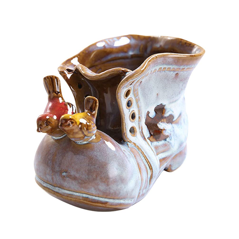 Ceramic Boot Planter Plant Pot Vase Planter with Bird Figurines Bonsai Pot Flower Pot Succulent Planter Multi Pot(Color Random)