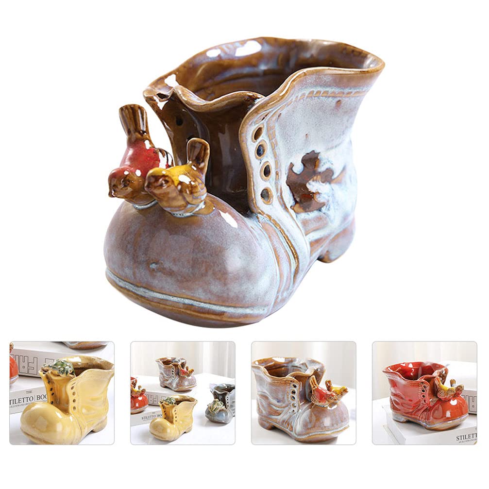 Ceramic Boot Planter Plant Pot Vase Planter with Bird Figurines Bonsai Pot Flower Pot Succulent Planter Multi Pot(Color Random)