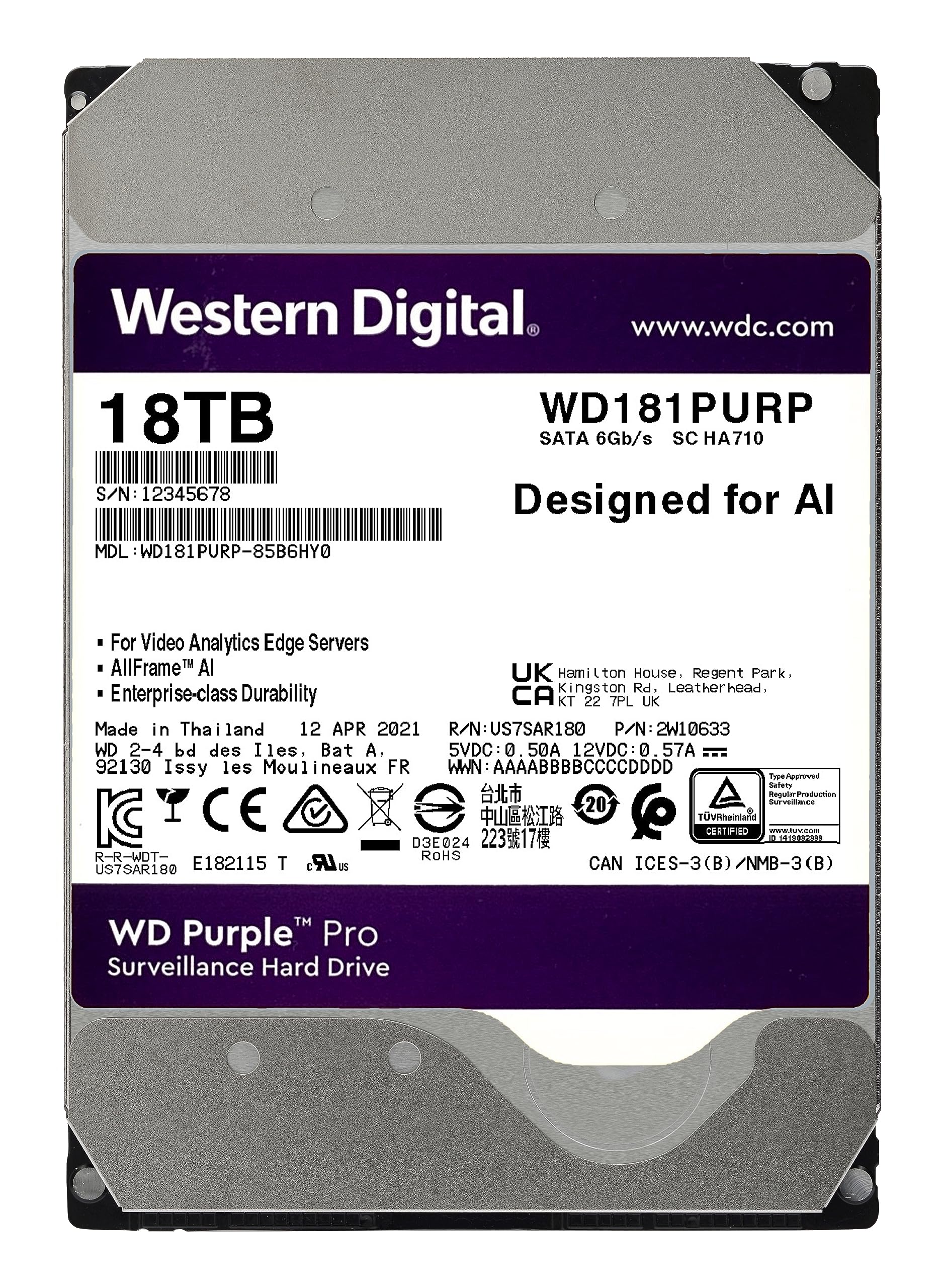 Western Digital 18TB WD Purple Pro Surveillance Internal Hard Drive HDD - SATA 6 Gb/s, 512 MB Cache, 3.5" - WD181PURP