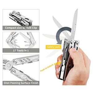 ASHINE Multitool with Pocket Clip Knife Scissors, 17-in-1 EDC Multi-tool Pliers with Safety Lock Unlock Button Rounded Handles & Sheath for Men Camping Fishing