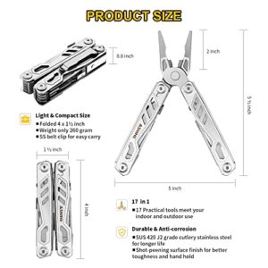 ASHINE Multitool with Pocket Clip Knife Scissors, 17-in-1 EDC Multi-tool Pliers with Safety Lock Unlock Button Rounded Handles & Sheath for Men Camping Fishing