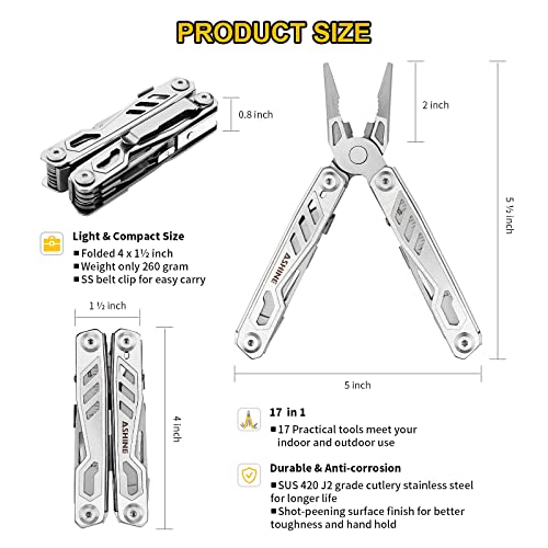 ASHINE Multitool with Pocket Clip Knife Scissors, 17-in-1 EDC Multi-tool Pliers with Safety Lock Unlock Button Rounded Handles & Sheath for Men Camping Fishing