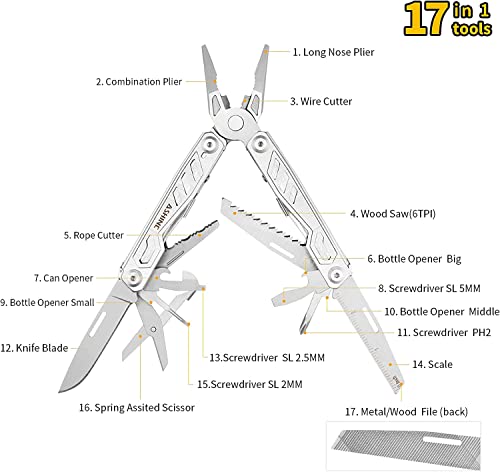 ASHINE Multitool with Pocket Clip Knife Scissors, 17-in-1 EDC Multi-tool Pliers with Safety Lock Unlock Button Rounded Handles & Sheath for Men Camping Fishing