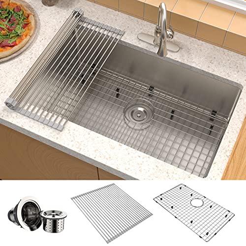 SR SUN RISE 30 Inch Kitchen Sink, Undermount Single Bowl Kitchen Sink, 16 Gague 304 Stainless Steel Sink with Roll Up Dish Drying Drainer & Strainer & Bottom Grid, 30"×18"×10"