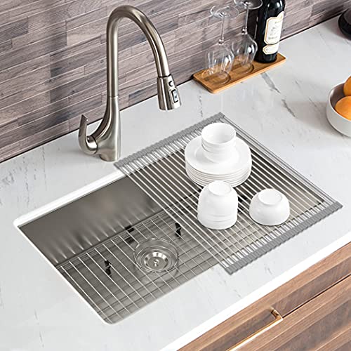 SR SUN RISE 30 Inch Kitchen Sink, Undermount Single Bowl Kitchen Sink, 16 Gague 304 Stainless Steel Sink with Roll Up Dish Drying Drainer & Strainer & Bottom Grid, 30"×18"×10"