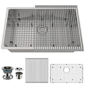 SR SUN RISE 30 Inch Kitchen Sink, Undermount Single Bowl Kitchen Sink, 16 Gague 304 Stainless Steel Sink with Roll Up Dish Drying Drainer & Strainer & Bottom Grid, 30"×18"×10"