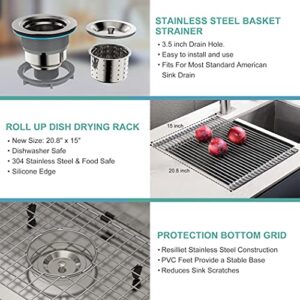 SR SUN RISE 30 Inch Kitchen Sink, Undermount Single Bowl Kitchen Sink, 16 Gague 304 Stainless Steel Sink with Roll Up Dish Drying Drainer & Strainer & Bottom Grid, 30"×18"×10"