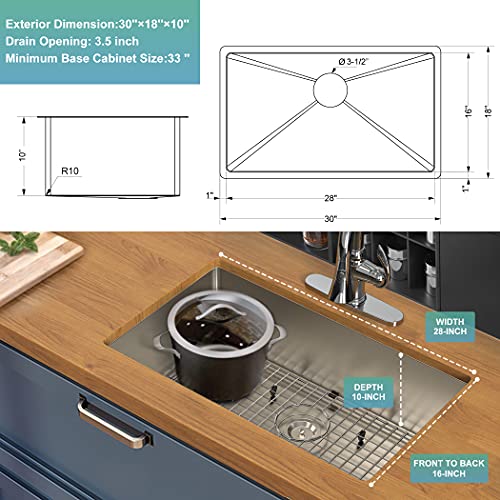 SR SUN RISE 30 Inch Kitchen Sink, Undermount Single Bowl Kitchen Sink, 16 Gague 304 Stainless Steel Sink with Roll Up Dish Drying Drainer & Strainer & Bottom Grid, 30"×18"×10"