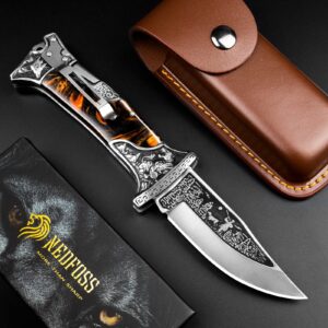 NedFoss TIGER ROAR Pocket Knife for Men, 3.5 inch Engraved Unique Folding Knife, Pocket Knives with Holster, Cool Knives, Personalized Gifts for Men