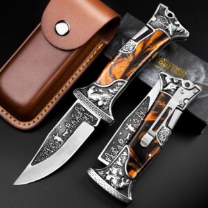 NedFoss TIGER ROAR Pocket Knife for Men, 3.5 inch Engraved Unique Folding Knife, Pocket Knives with Holster, Cool Knives, Personalized Gifts for Men