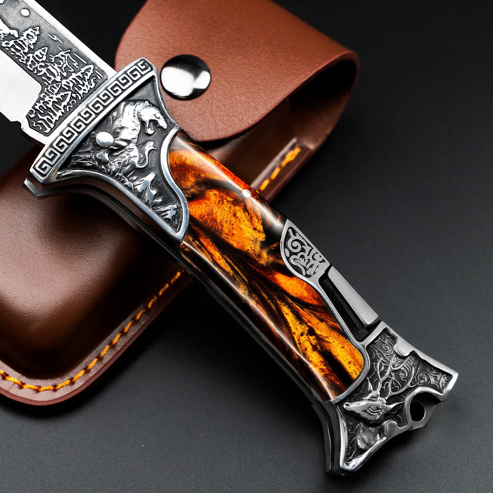 NedFoss TIGER ROAR Pocket Knife for Men, 3.5 inch Engraved Unique Folding Knife, Pocket Knives with Holster, Cool Knives, Personalized Gifts for Men