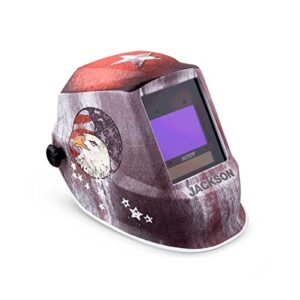 jackson safety premium auto darkening welding helmet 4/5-13 shade range, 1/1/1/1 optical clarity, 1/25,000 sec. response time, 370 speed dial headgear, freedom graphics, red/white/blue, 47103