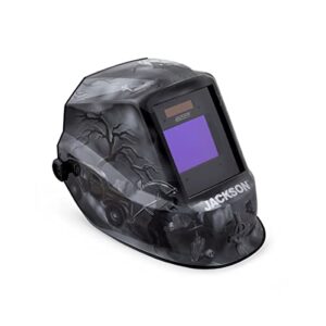 jackson safety premium auto darkening welding helmet 3/10 shade range, 1/1/1/1 optical clarity, 1/25,000 sec. response time, 370 speed dial headgear, 6 feet under graphics, black/grey/white, 47100