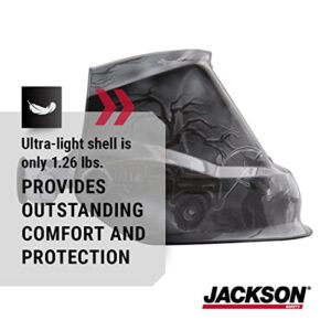 Jackson Safety Premium Auto Darkening Welding Helmet 3/10 Shade Range, 1/1/1/1 Optical Clarity, 1/25,000 sec. Response Time, 370 Speed Dial Headgear, 6 Feet Under Graphics, Black/Grey/White, 47100