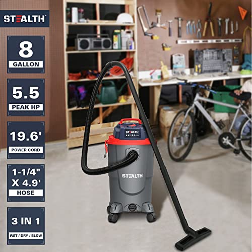 Stealth Wet Dry Vacuum Cleaner 8 Gallon, 5.5 Peak HP Shop Vacuum with Blower & Drain Port for Home, Garage, Car, Workshop, ECV08P1