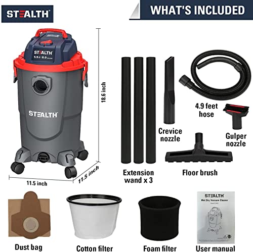 Stealth Wet Dry Vacuum Cleaner 8 Gallon, 5.5 Peak HP Shop Vacuum with Blower & Drain Port for Home, Garage, Car, Workshop, ECV08P1