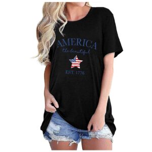 wodceeke women's summer tops star and stripe print short sleeve t-shirt casual loose solid color independence day tee (black,xl)