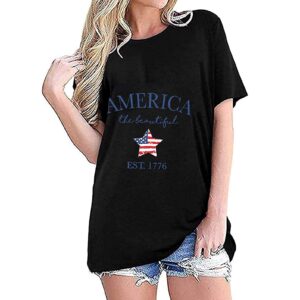 wodceeke Women's Summer Tops Star and Stripe Print Short Sleeve T-shirt Casual Loose Solid Color Independence Day Tee (Black,XL)