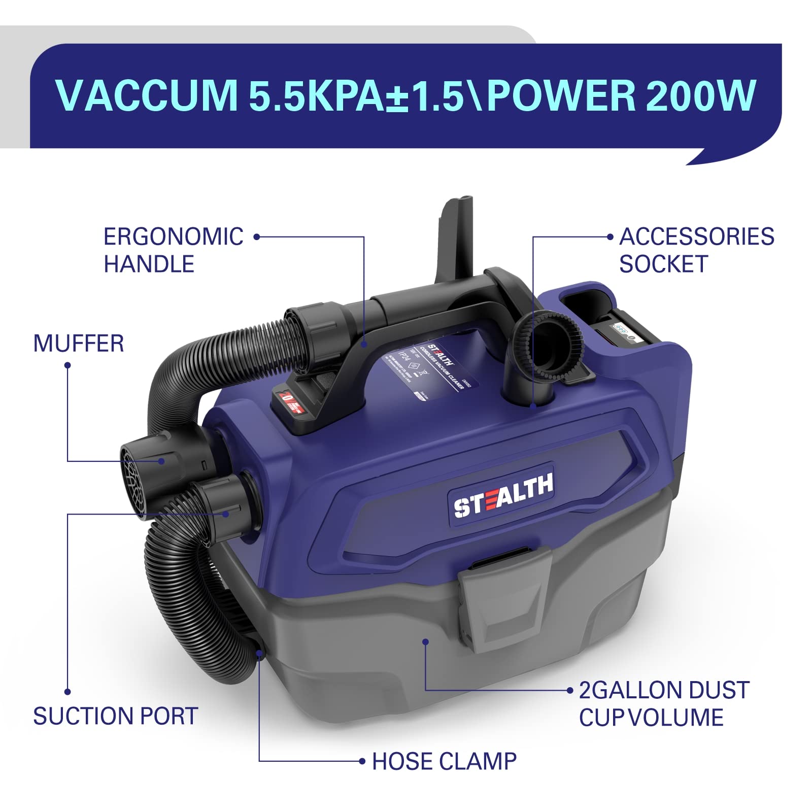 Stealth Wet/Dry Vacuum 5 Gallon, 5.5 Peak HP Shop Vacuum with Blower & Drain Port for Home, Garage, Car, Workshop,ECV05P2