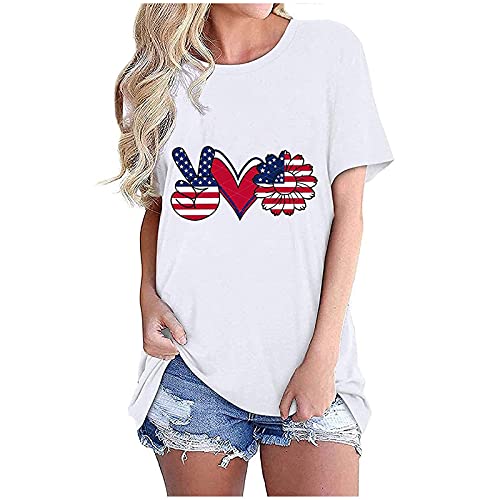 wodceeke Women's Summer Tops American Flag Print Short Sleeve T-shirt Casual Loose Solid Color Independence Day Top (White,L)