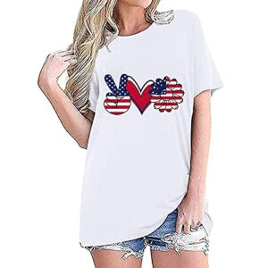 wodceeke Women's Summer Tops American Flag Print Short Sleeve T-shirt Casual Loose Solid Color Independence Day Top (White,L)