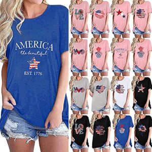 wodceeke Women's Summer Tops American Flag Print Short Sleeve T-shirt Casual Loose Solid Color Independence Day Top (White,L)