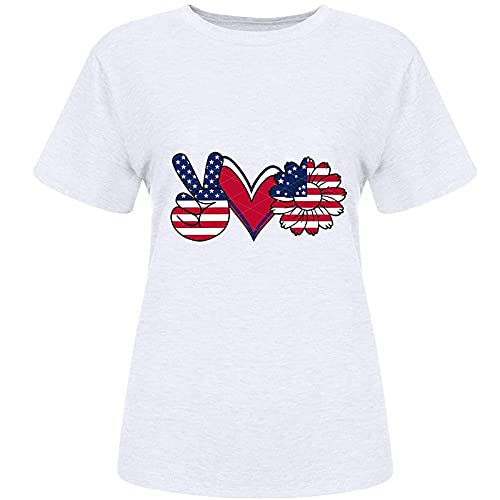 wodceeke Women's Summer Tops American Flag Print Short Sleeve T-shirt Casual Loose Solid Color Independence Day Top (White,L)