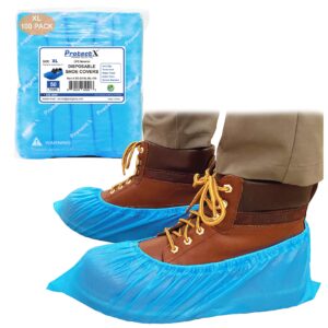 protectx disposable shoe & boot covers, xl extra large, 100-pack (50 pairs), waterproof, slip resistant, durable cpe plastic, fits up to men’s 14 us size and all women’s us size shoes