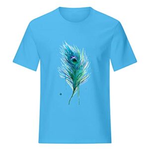 wodceeke Women 2021 Summer Tops Short Sleeve Round Neck Feather Print Basic Tee Casual Loose Solid Color Sport Top (Blue,XXL)
