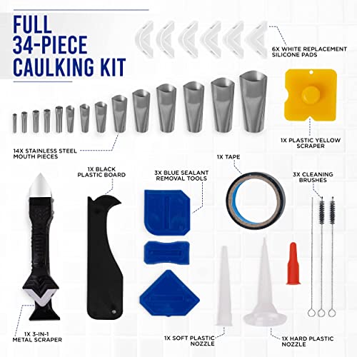 MIH TOOLS Caulking Tool Kit-[34 Pcs] 3 in 1 Silicone Caulking Tools, Grout & Caulk Remover Scraper, Sealant Finishing, Stainless Steelhead, Glass Glue Angle Scraper for Kitchen, Bathroom Floor, Window