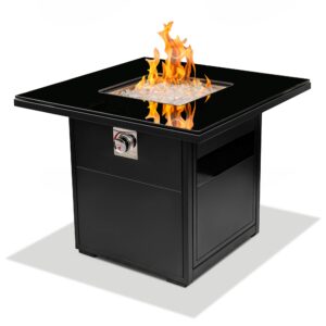 yaletown 420 model square fire pit table for outside patio – 30" small outdoor propane gas fire table, black – with glass rocks set, pre-attached 1m hose and regulator