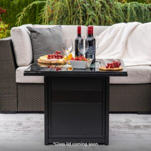 Yaletown 420 Model Square Fire Pit Table for Outside Patio – 30" Small Outdoor Propane Gas Fire Table, Black – with Glass Rocks Set, Pre-Attached 1m Hose and Regulator