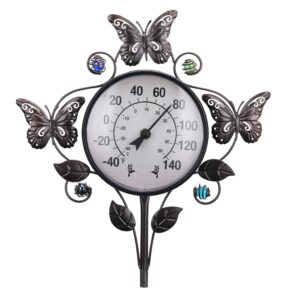 outdoor thermometer-thermometer for outside temperature - metal stake thermometer and hygrometer outdoor garden decor butterfly and leaf