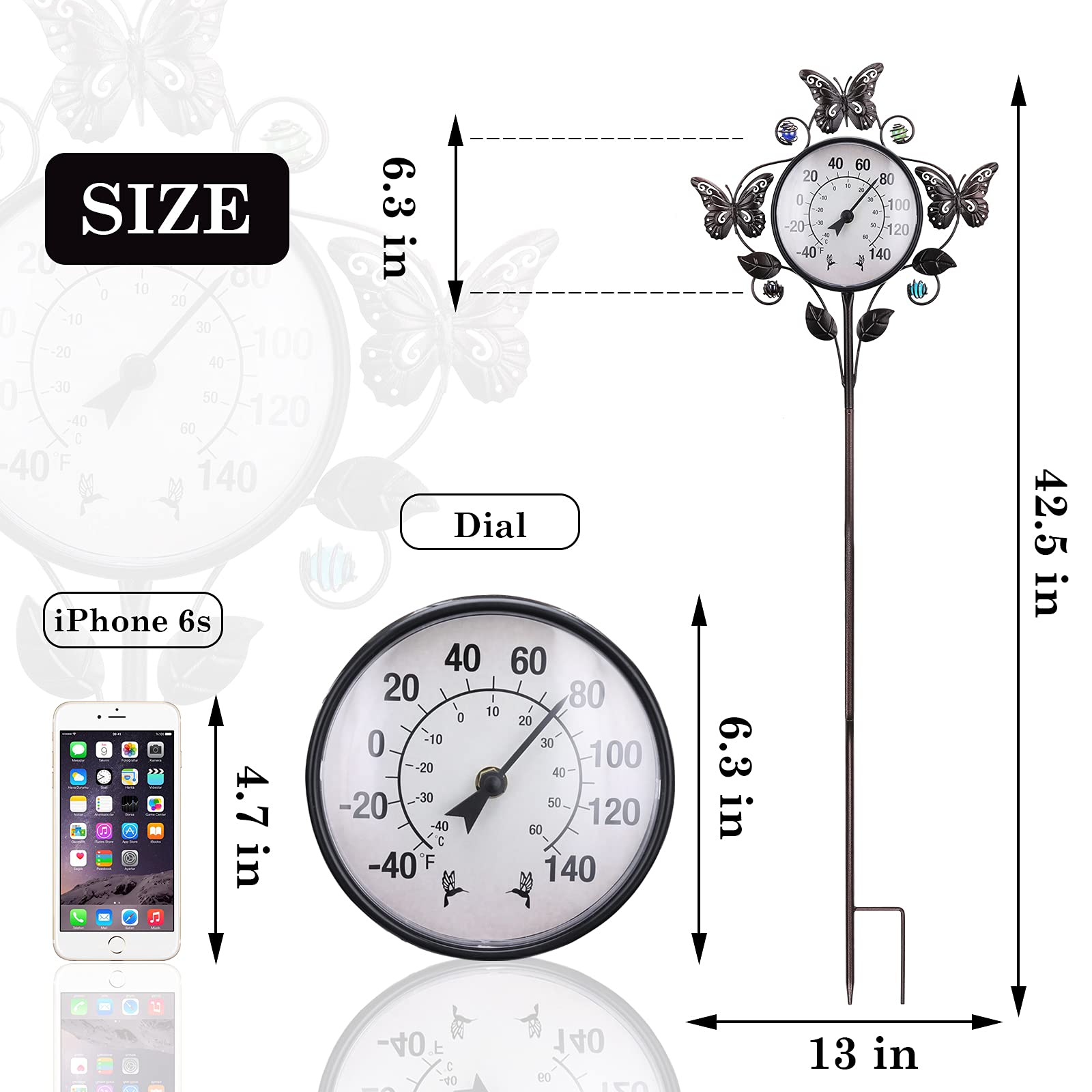 Outdoor Thermometer-Thermometer for Outside Temperature - Metal Stake Thermometer and Hygrometer Outdoor Garden Decor Butterfly and Leaf